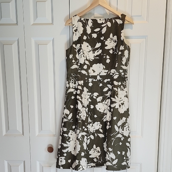 Ralph Lauren Classic Retro Round Neck Pleated Olive Floral 100% Linen Dress 12 - Picture 8 of 11